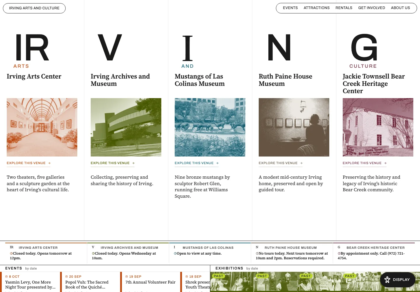 Irving Arts and Culture website interface